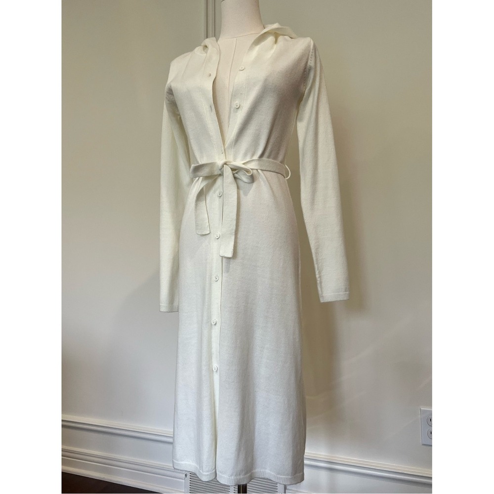 Suzy Shier Cream Knit Hooded Button Front Belted Duster Cardigan Sweater Dress S